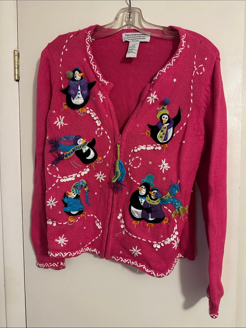 Pink Penguin Zip-Up Cardigan Sweater